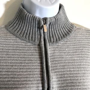 Sweater knit with sturdy neck zipper. Wear closed or open and layered.